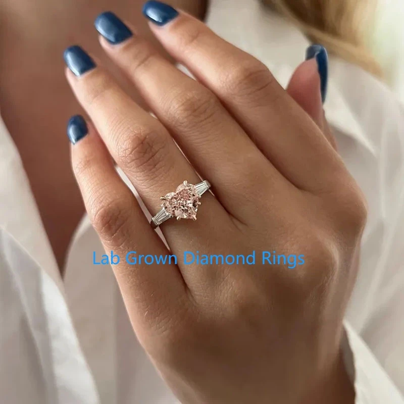 2 Carat Heart Shape Pink Lab Grown Diamond Three Stone Ring In Platinum 950 Diamond CVD HPHT VS-VVS Wedding Ring For Lady