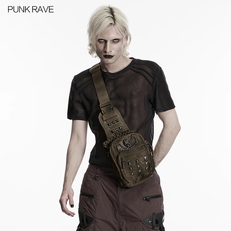

PUNK RAVE Men's Punk Oxford Which Light Backpack Adjustable Webbing Shoulder Strap Metal Skull Studs Cool Casual Accessories