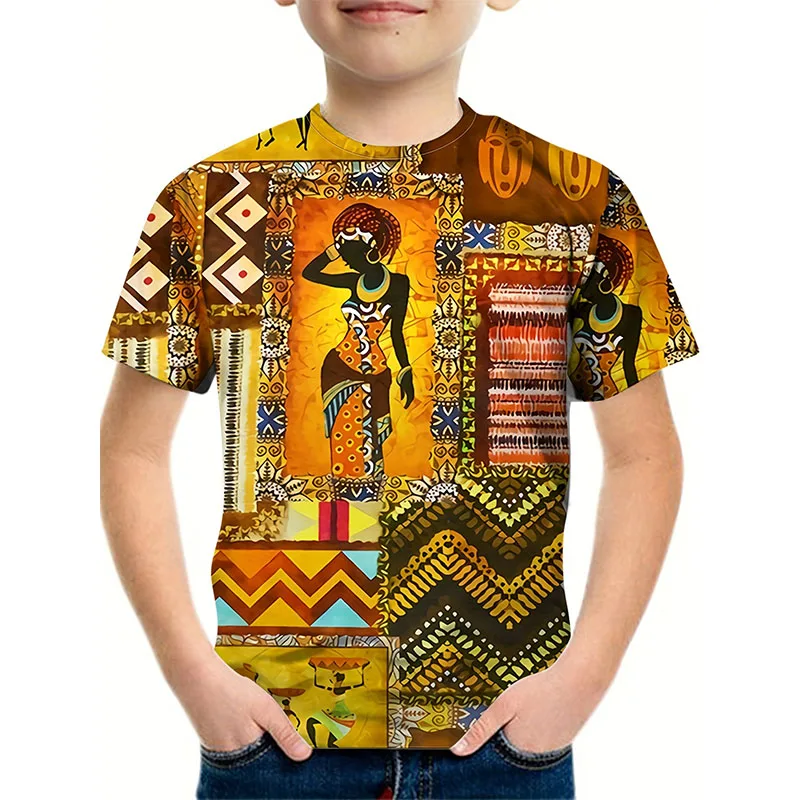 African Woman Print Cartoon T shirt Fashion African Ethnic Style T-shirt Children\'s Clothing Boys Girls Kids T-shirt Boy Clothes