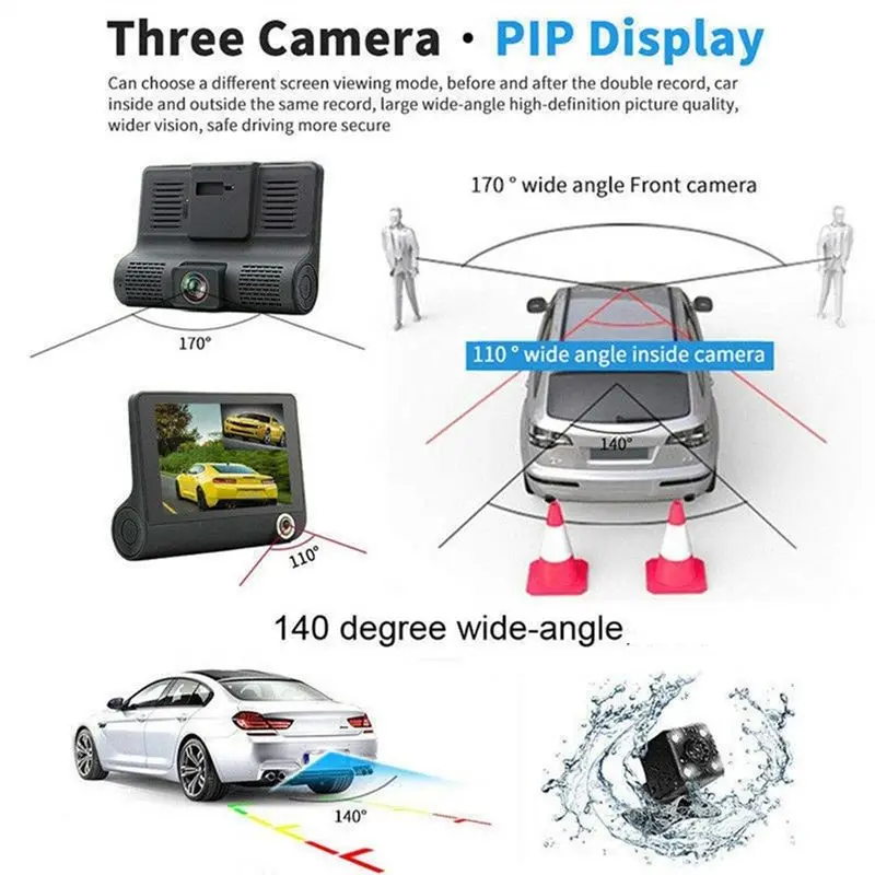 Durable-Car DVR Dashcam HD Screen 1080P 3 Lens Video Recorder Front + Interior+Rear View Camera Dash Cam Dash Camera Black