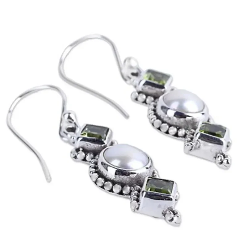 S925 Vintage Thai Silver Pearl Earrings Creative Square Diamond Olive Green Long Earrings for Women