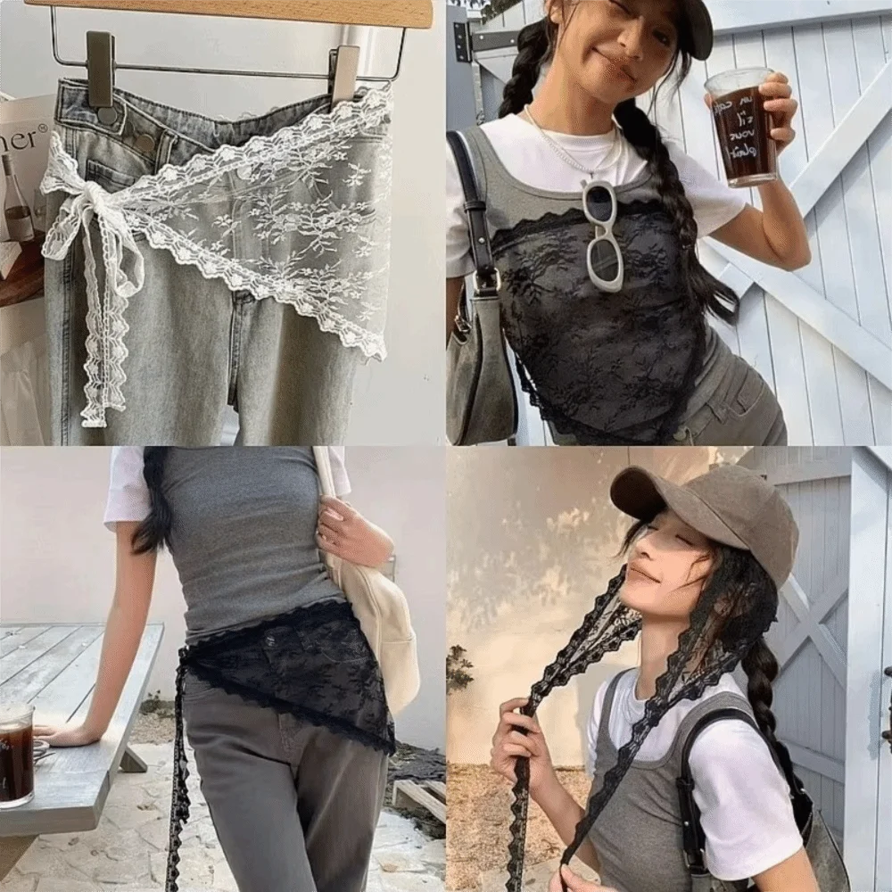 Soft Y2K Triangle Apron Flower Embroidery Lace Half Skirt Korean Style Lace-up Outwear Mini Skirt Skirt Accessories