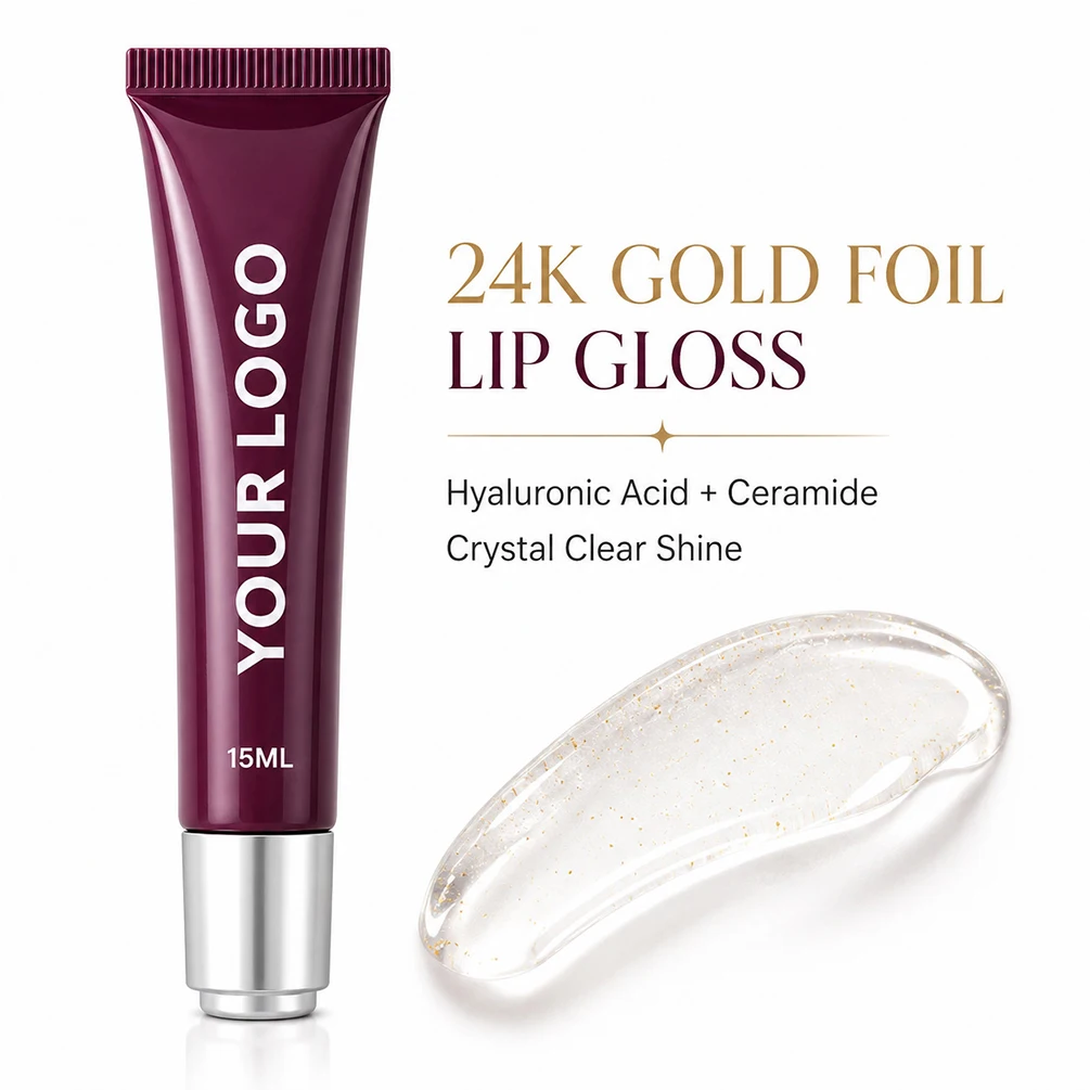 24K Gold Foil Hyaluronic Acid Ceramide Lip Gloss Private Label Custom Logo Vegan Makeup Wholesale Plumping Shine Luxe Care