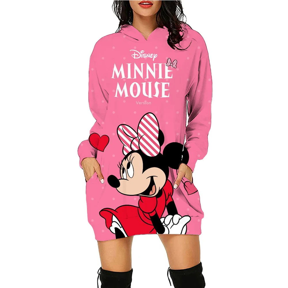 Disney Minnie Mickey Mouse print  Hoodie Dress Women\'s Daily Workout Hoodies Long Sleeve Pullover Autumn Winter Loose Dres