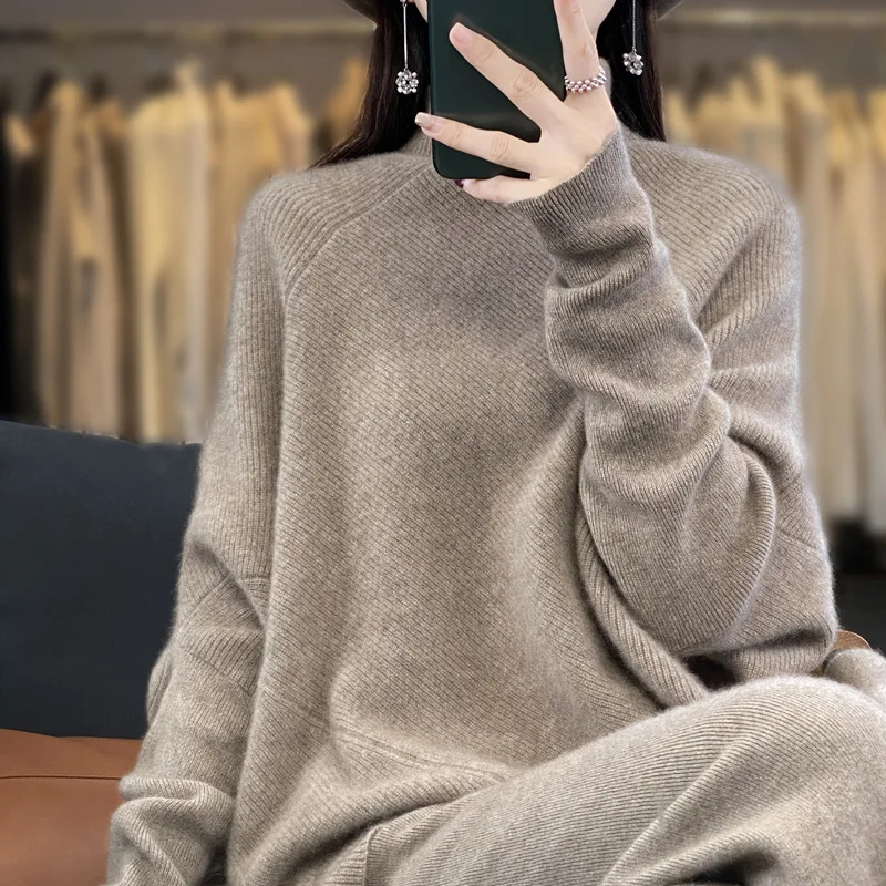 Birdtree，100% Wool Sweater,women's Half High Neck Bat Sleeve Outer Base Pullover,2024 Autumn And Winter New Top T48002KE