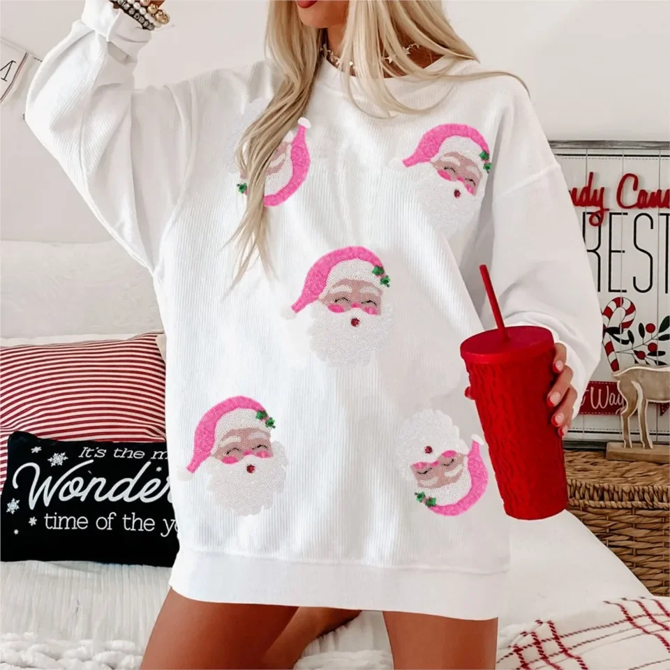 

Casual Loose Sequined Santa Claus Women's Hoodie Autumn And Winter Christmas Female Long-sleeved T-shirt Tops 2025