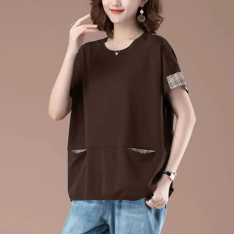 Fashion O-Neck Spliced Pockets Plaid Casual T-Shirt Women's Clothing 2024 Summer New Loose All-match Tops Commuter Tee Shirt