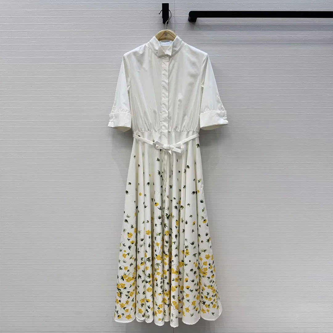 Elegant Lady Fashion Floral Print Long Dress Women Lapel Half Sleeve High Waist Bow Blet Big Bottom 100% Cotton Sweet Dresses