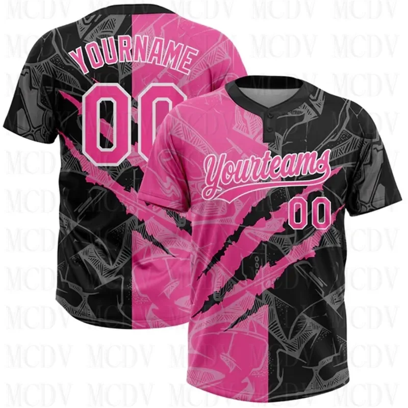 Custom Pink Light Blue-White Two-Button Unisex Softball Jersey 3D Printed Team Name Number Jerseys Sports Wear Adult Youth