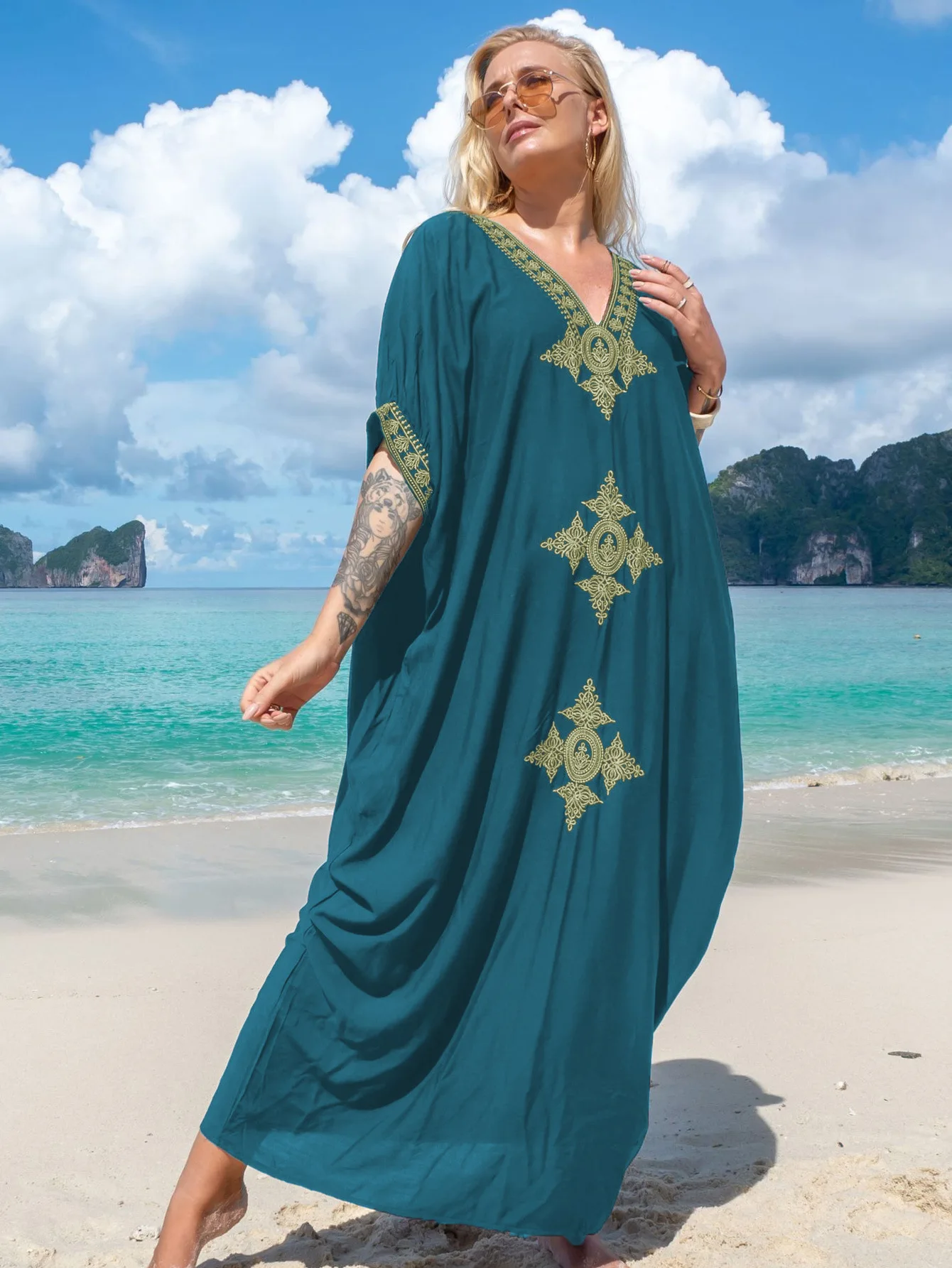 Women\'s Clothing Gold Embroidery Long Kaftan Dresses V Neck Caftan Dress Beach Cover Ups Tunic Maxi Dress