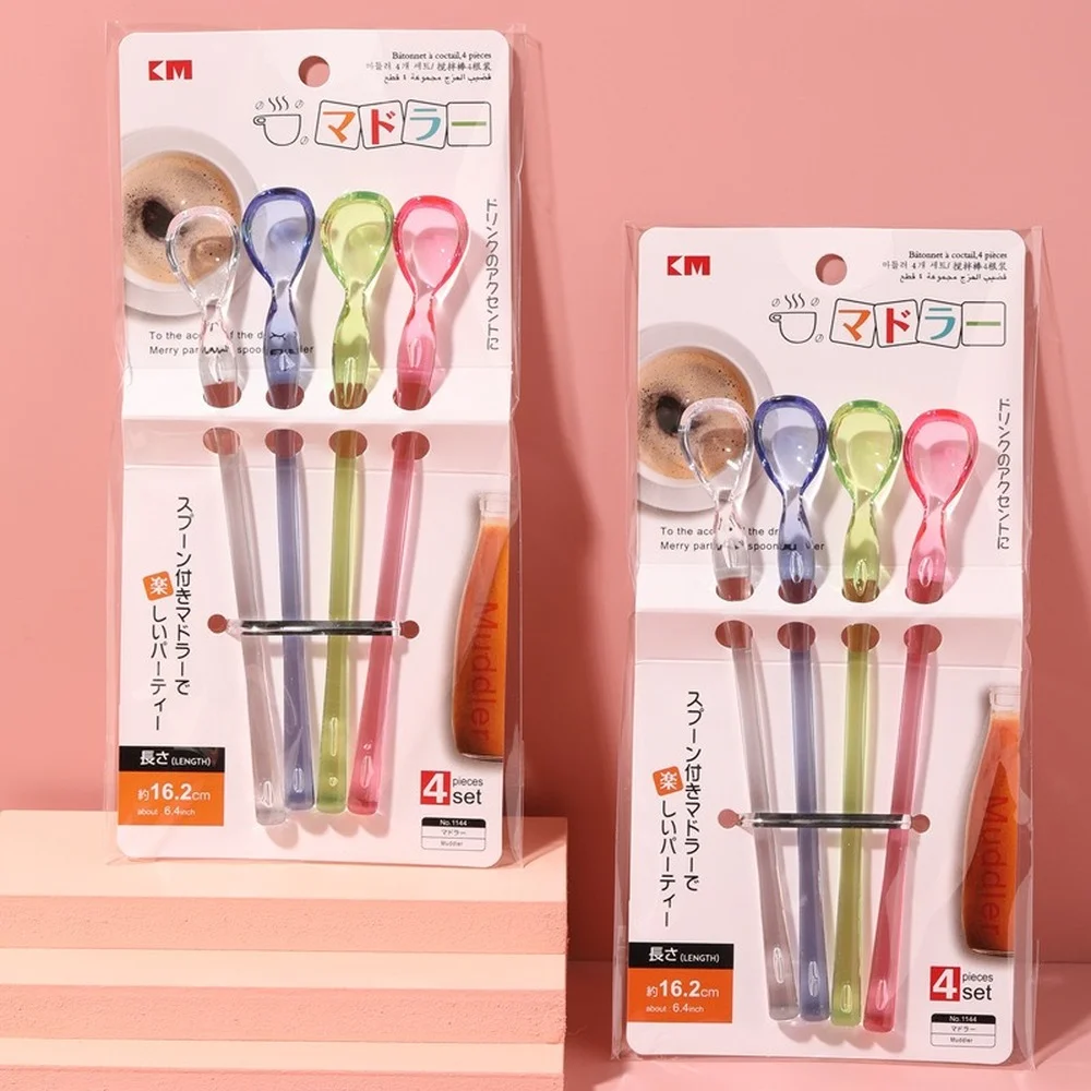 4Pcs Acrylic Stick Short Coffee Spoons Long Handled Mixing Spoon Set Cold Drink Fruit Ice Cream Dessert Tea Scoop Ladle