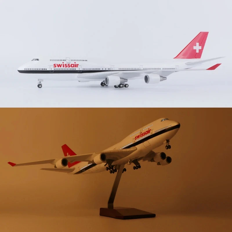 1/150 Scale 47CM Airplane 747 B747 Swissair Airline Model LED Light & Wheel Landing Gear Diecast Resin Plane Model Toy