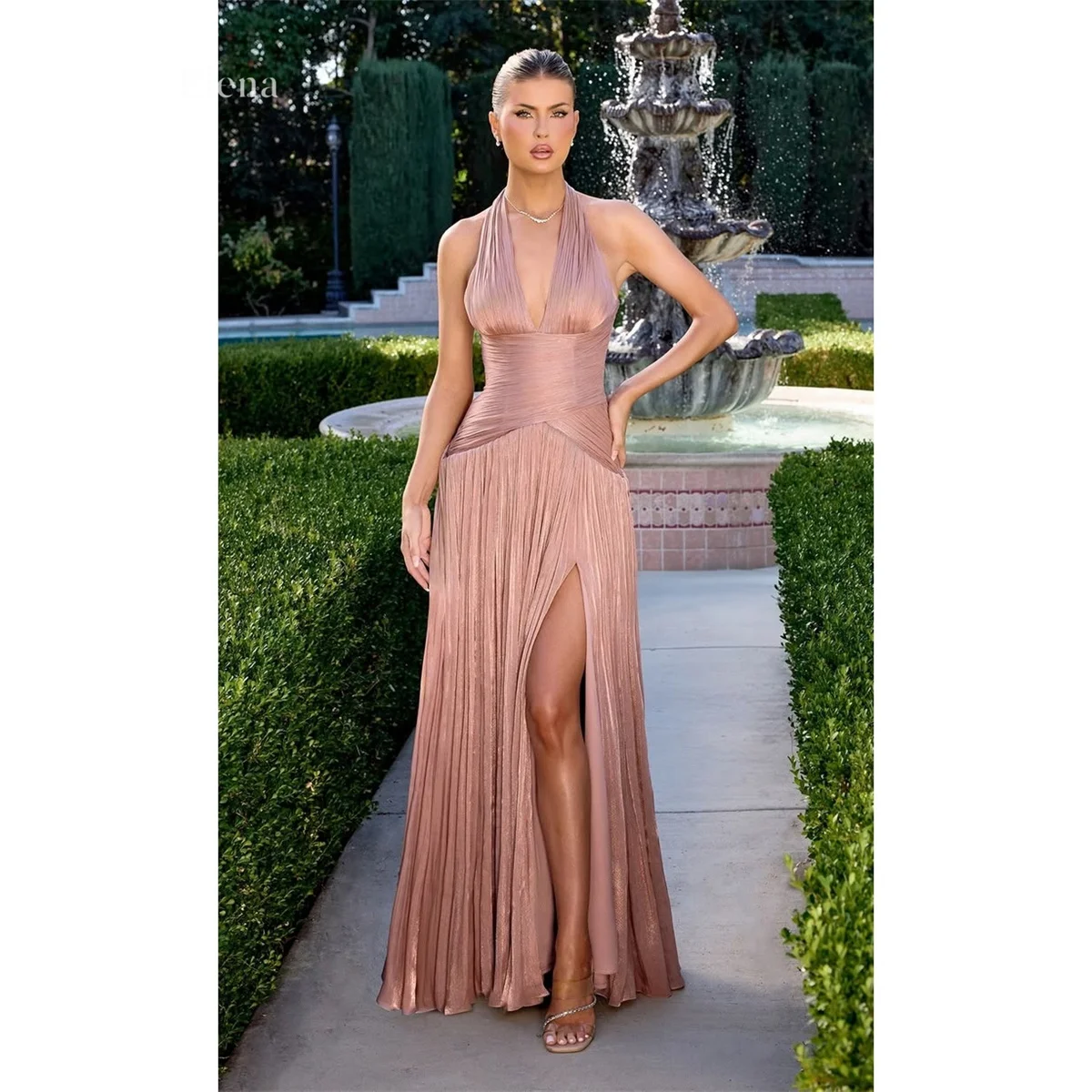 Elena Pink Prom Dress A-Line Halter Sleeveless Evening Dresses Metallic Shimmer Finish Deep All-Over Pleat Custom Fit Customized
