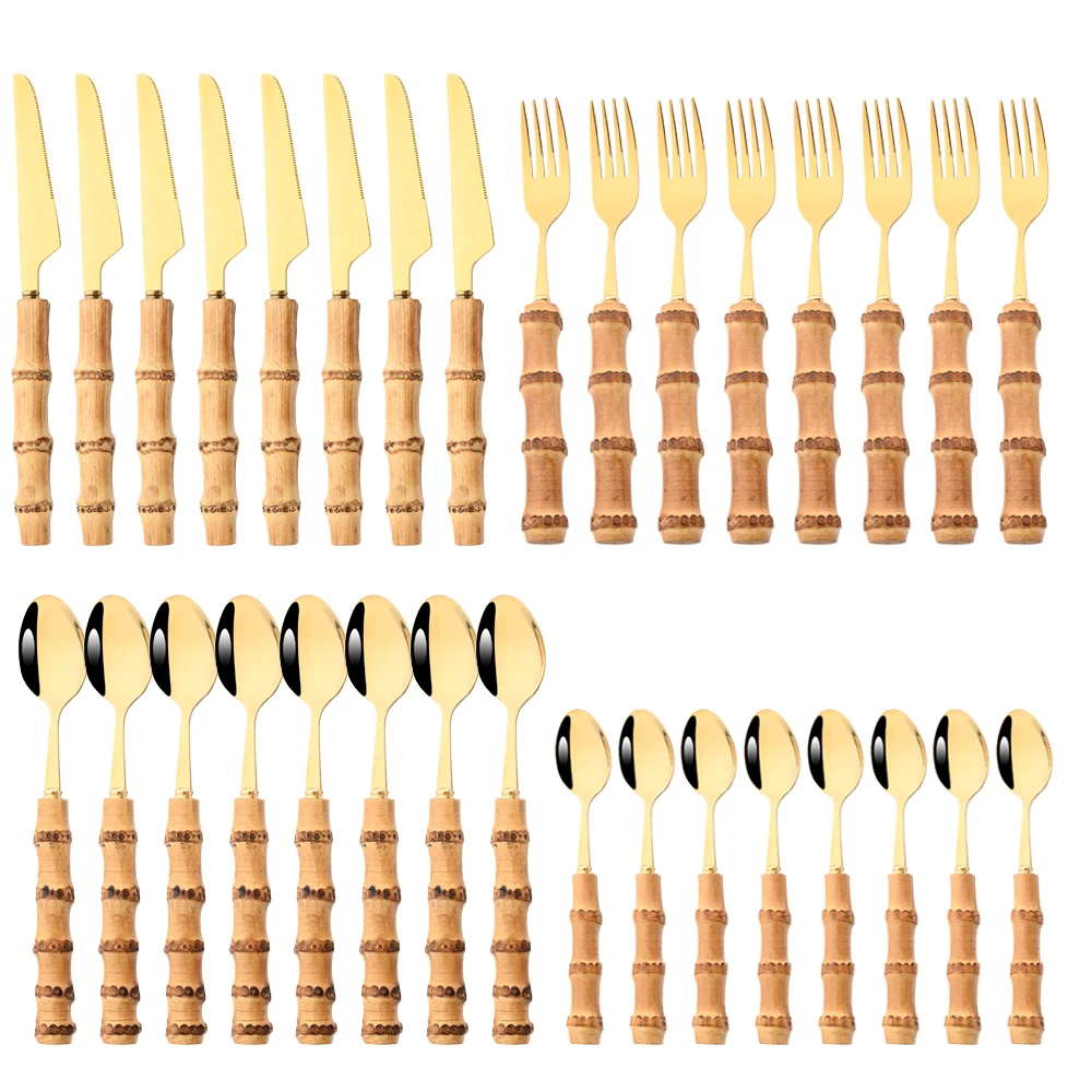 

Drmfiy Gold 32Pcs Tableware Set Stainless Steel Cutlery Natural Bamboo Handle Flatware Set Dinner Knife Bamboo Dinnerware Set