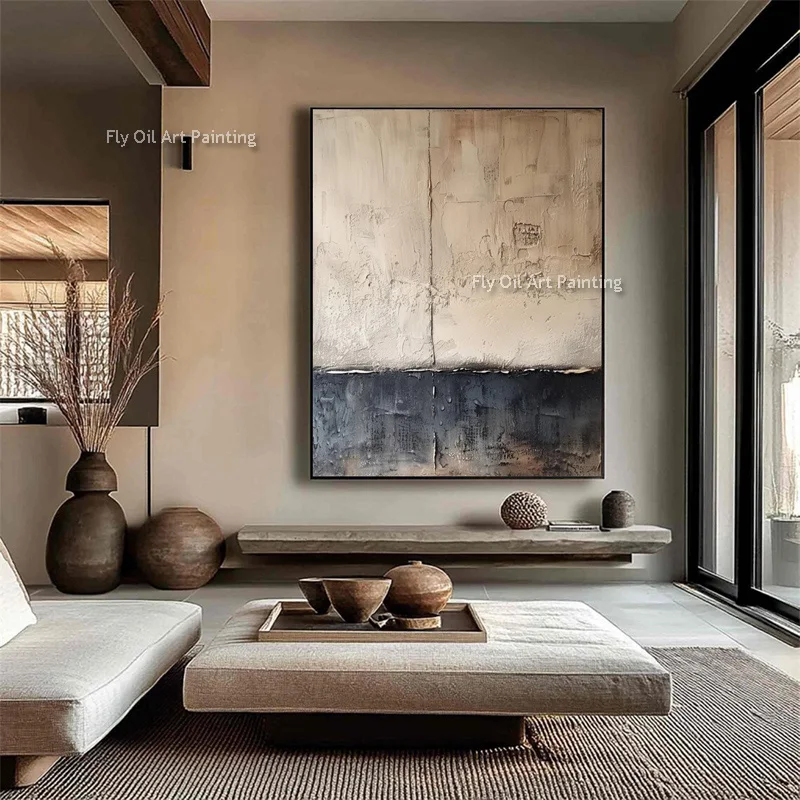 Hand Painted Palette Knife Abstract Oil Painting, Wabi Sabi Neutral Beige & Navy Textured Canvas Wall Art
