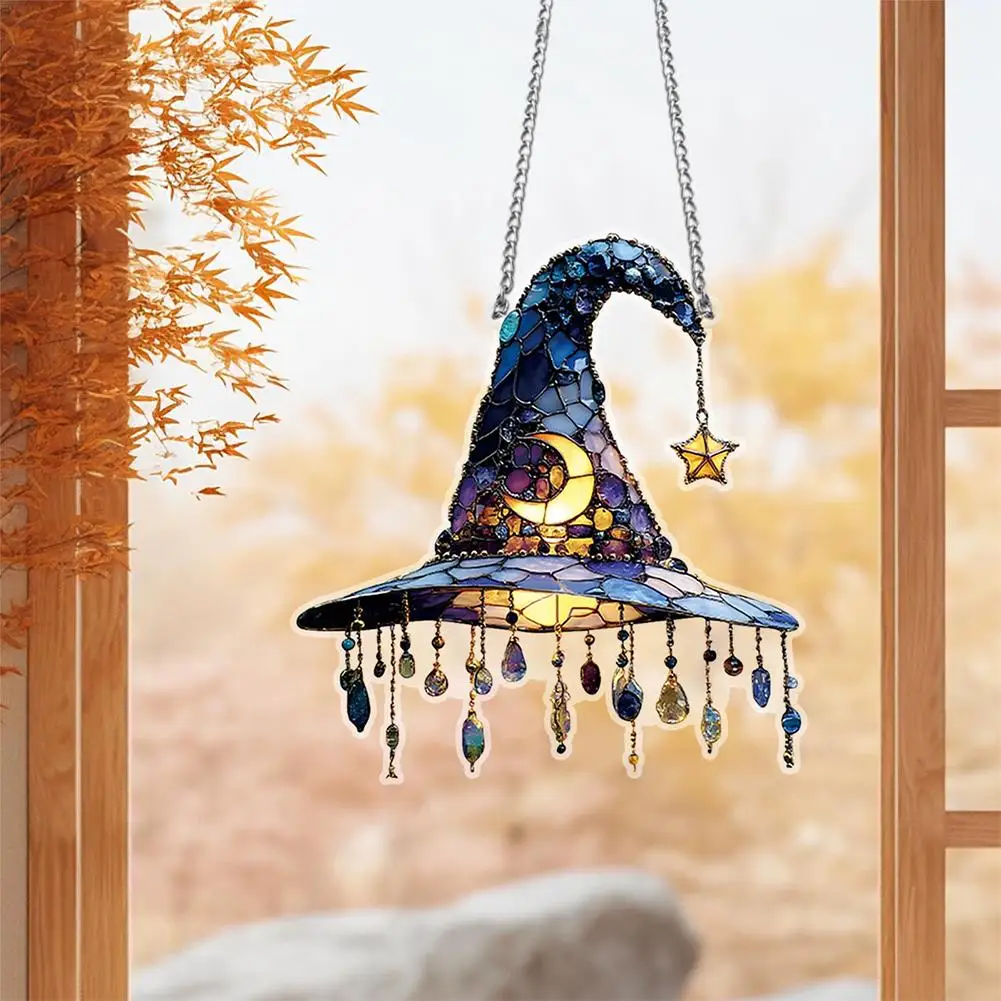 ‌2D Christmas Witch Hat Ornament Blue Acrylic Hanging Decor Glow in the Dark Party Supplies Moon Star Charm Spooky Home Decor
