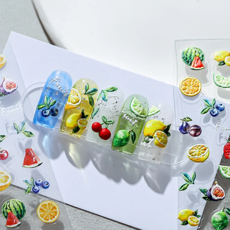 5D Summer Fruit Nail Art Stickers Cherry Orange Blossom Slider Cute Jelly Emboss Decal Dopamine Nail Art Decoration Decal