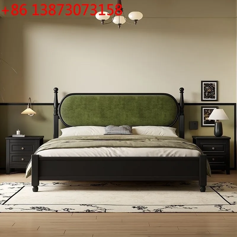 French retro solid wood master bedroom 1.8m fabric soft bag black medium and ancient wind bed