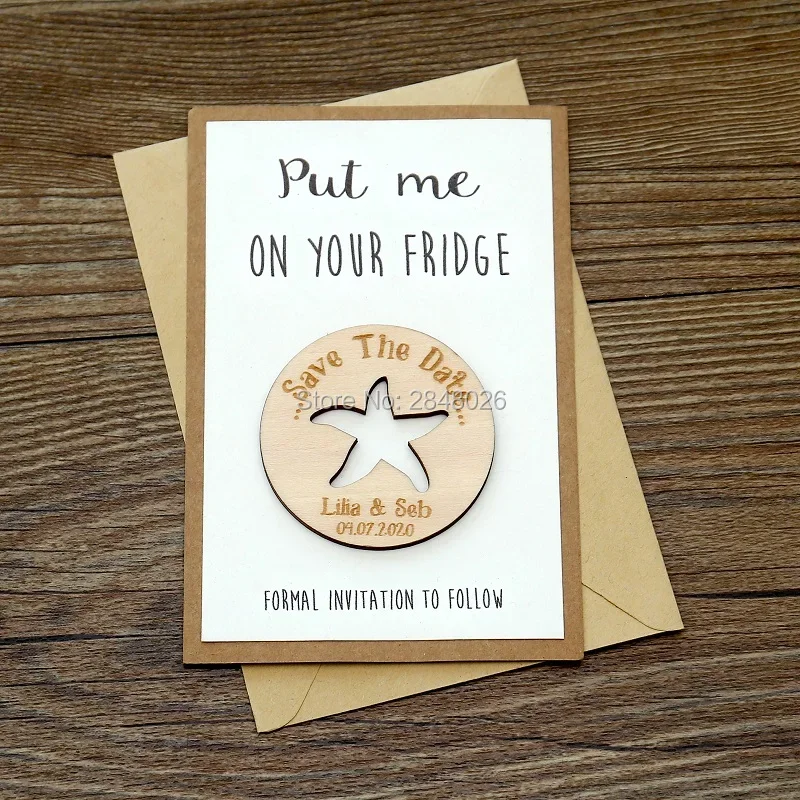 Custom beach Wedding Save the date Magnet ,Wooden die cut Save the Dates,personalized starfish Wooden magnets, invitation Magnet