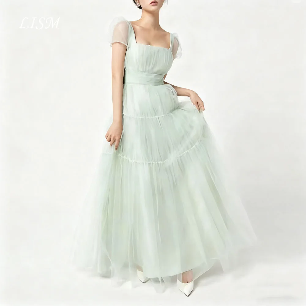 

LISM Mint Green Korea Evening Dresses Photo Shoot Square Collar Soft Tulle Lovely Prom Dresses Customized 결혼식 드레 Corsets