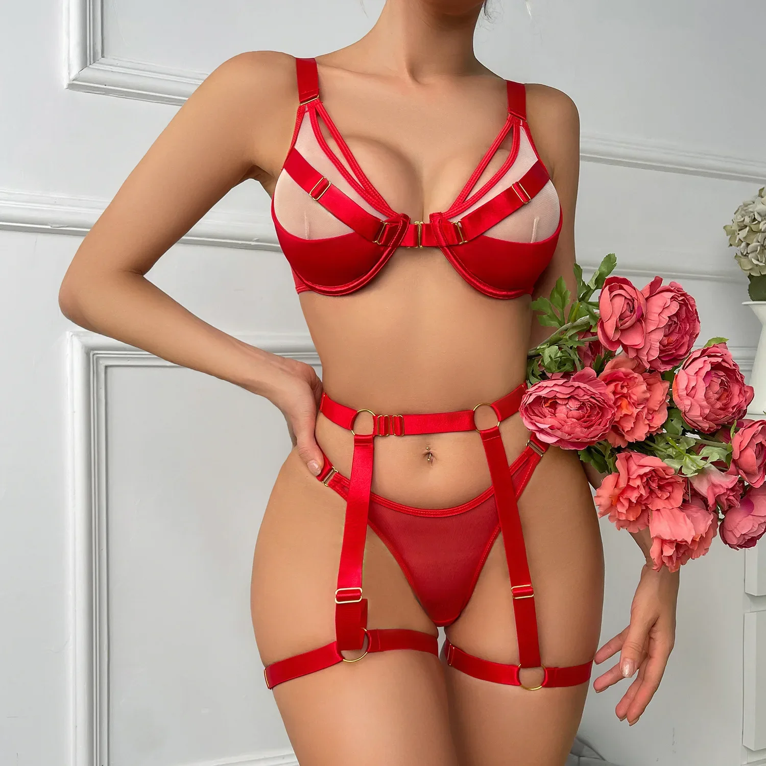 

CHUANGERM Sexy Complex Strap Contrast Bra Thong Three Piece Set Funny Underwear Body Shaping Underwear Female Lingerie Set