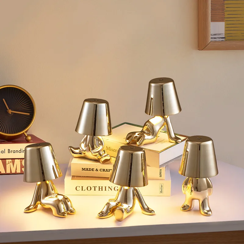 USB Rechargeable LED Atmosphere Lamp Thinker Gold Statue Table Light Ins Decor Lamp for Desk Bedroom Cafe Bar