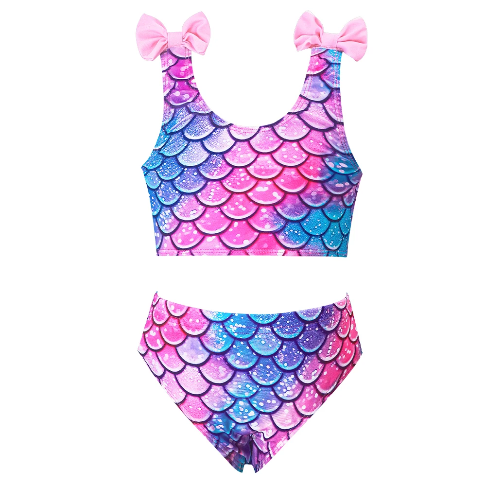 Mädchen Meerjungfrauenflossen-Bikini 3-teiliges Set, Badeanzug mit Fischschuppen-Print, Prinzessinnen-Mode-Performance-Bademode, Schwimmkostüm für Kinder – Detail 6
