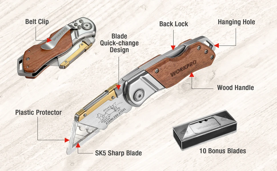 WORKPRO Folding Pipe Cutter Pocket Wood Handle Knife With 10/20PCS Blades_desvips.com