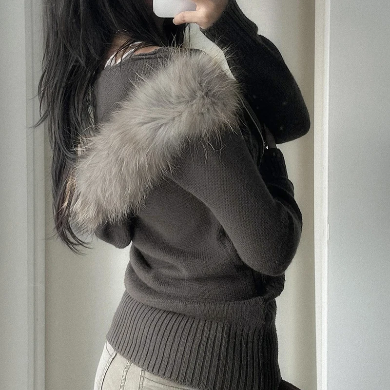BIIKPIIK Fur Collar Hooded Casual Sweater Coats Harajuku Zipper Slim Fit Knitwear Cardigan Autumn Winter All-match Women Jumpers