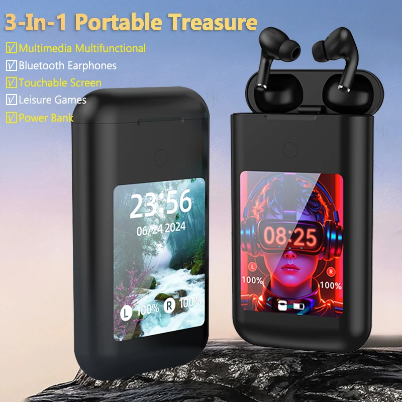 3-In-1 Wireless Bluetooth Earphones 2.8-inch Multimedia Smart Touch Screen Earbuds Flashlight 8000mah Power Bank Hiking Headset