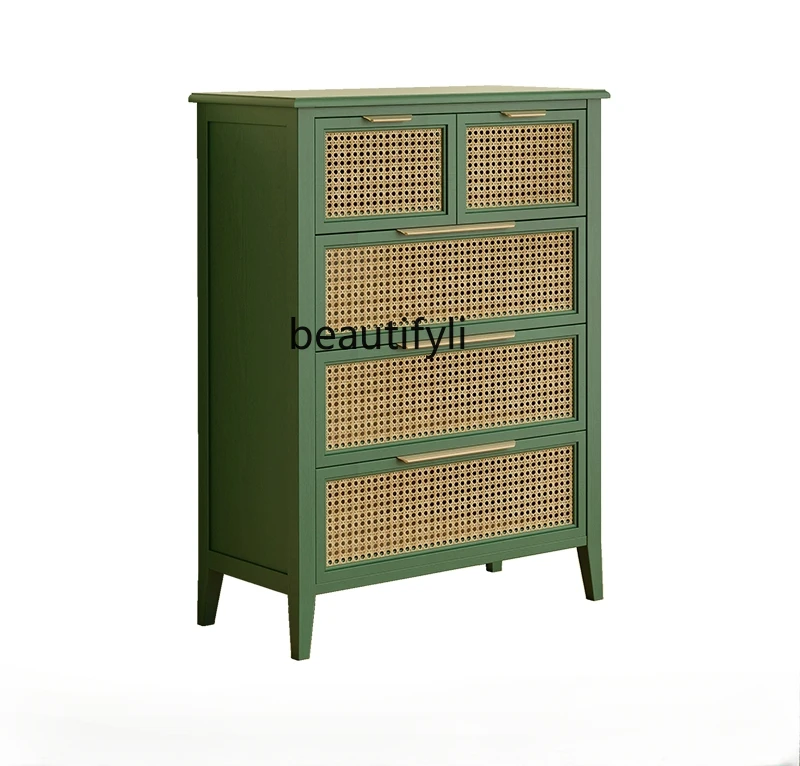 

American retro chest of drawers solid wood natural rattan storage cabinet entrance household large capacity, high cabinet