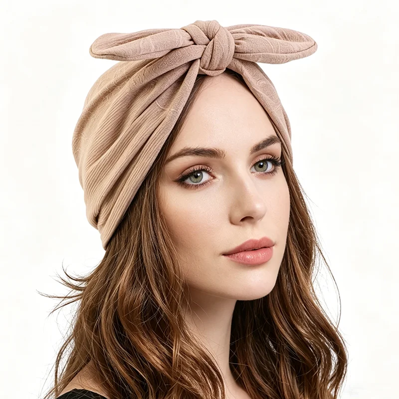 New Women African Big Bow Turban Hat Solid Color Islamic Inner Hijab Cap Twisted Headwrap Headscarves India Hat Bonnet Beanies - view 6