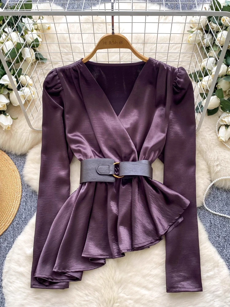 

Fashion Elegant Shirts Solid Color V Neck Long Sleeve Belt Irregular Blouses 2025 Autumn New Tops Slim Design Women's Clothing