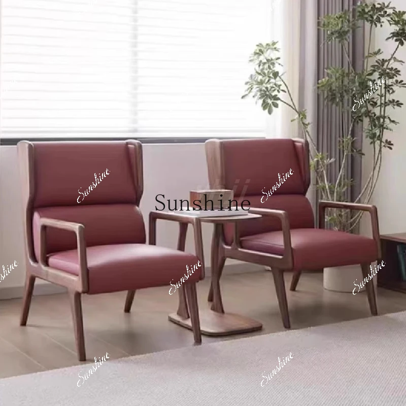 Living room design single sofa balcony zen leisure chair black walnut seating area reception leather FT