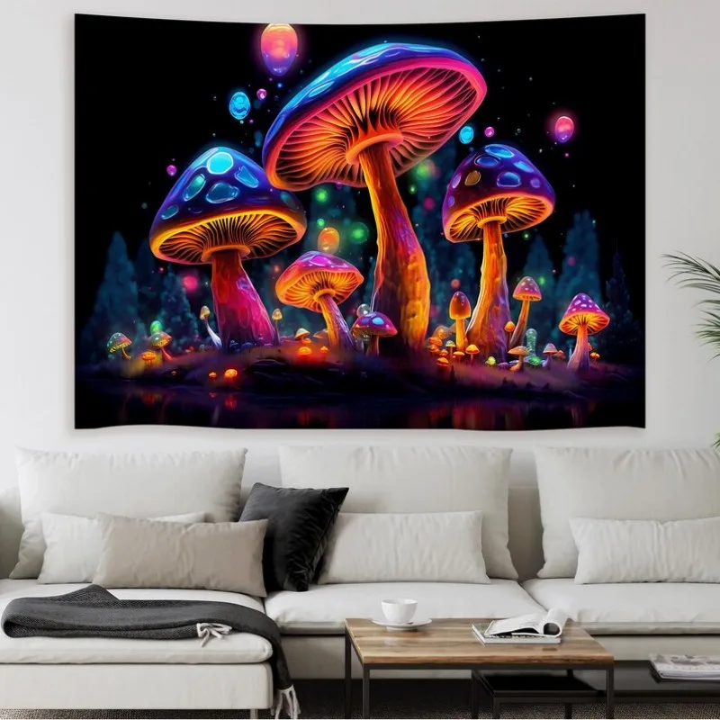 VIKAMA Neon Mushroom Tapestry Polyester Fiber Dreamy Forest Wall Hanging Bedroom Dormitory Room Decoration Home Decoration