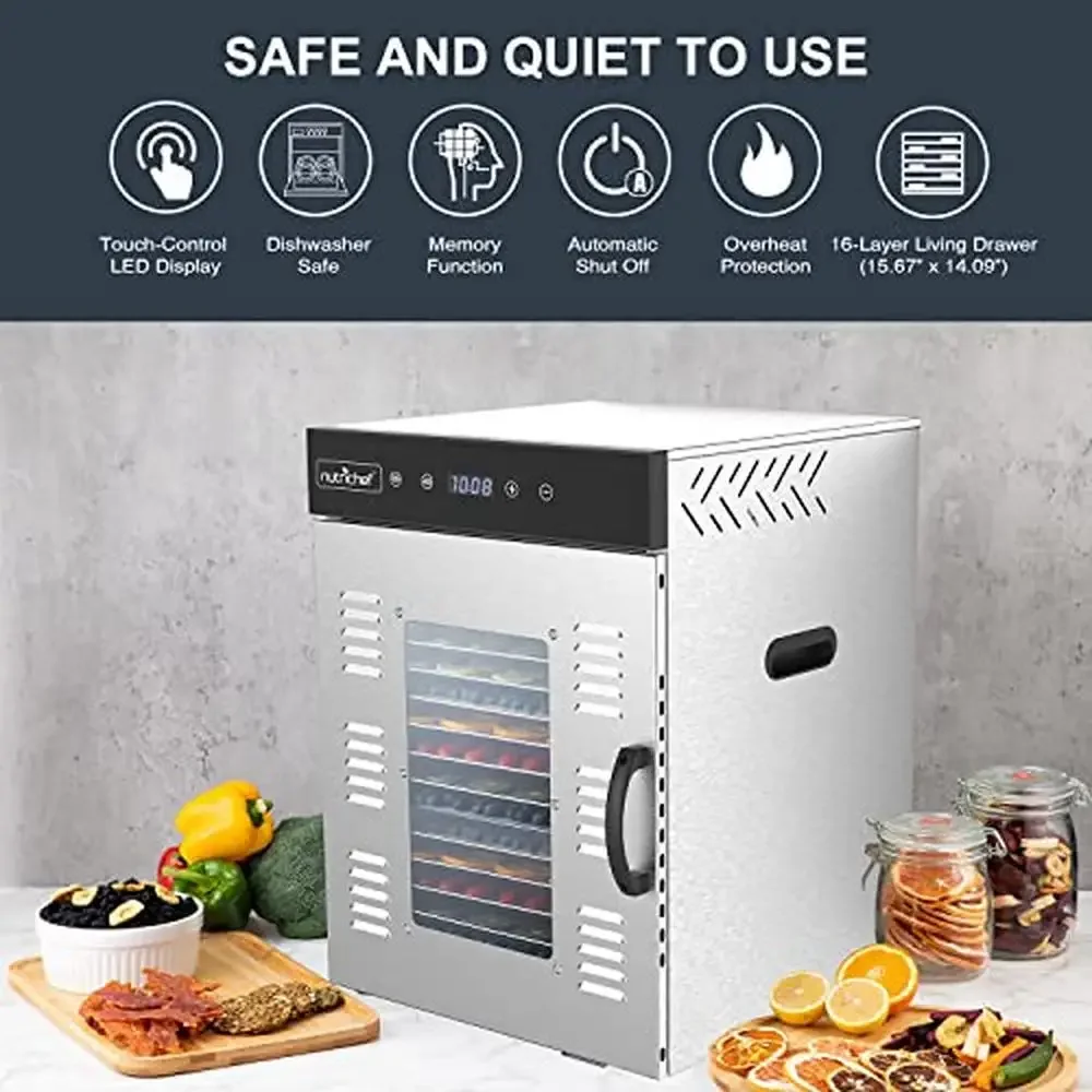 16-Tray Stainless Steel Food Dehydrator Machine Digital Timer 1500W Preserves Fruits Vegetables Snacks Stackable Design Recipe