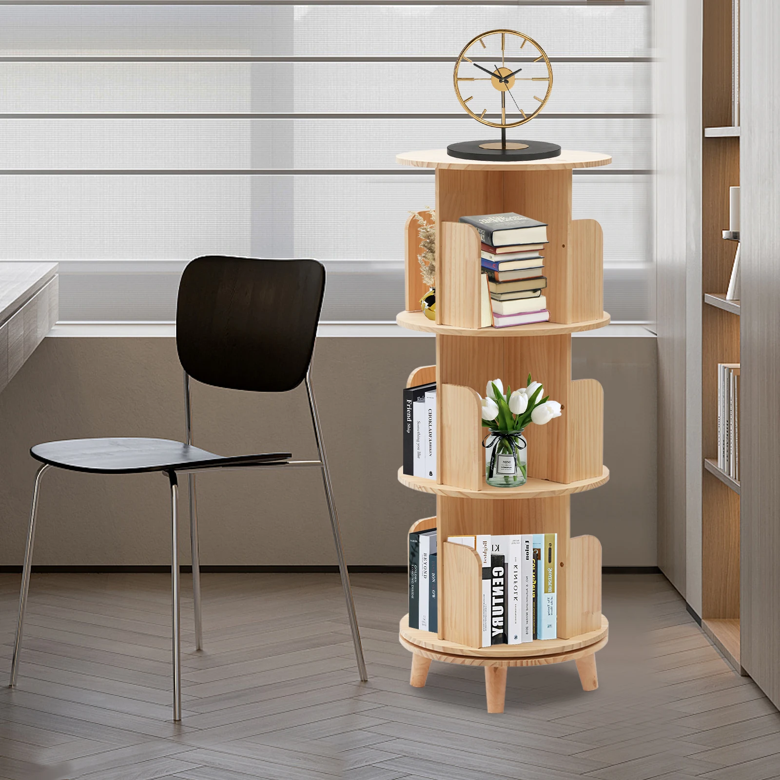 

3-Tier Spinning Bookshelf Tower, 360° Silent Rotation Display Unique Round Bookcase for Storing Books, Handicrafts, Collectibles