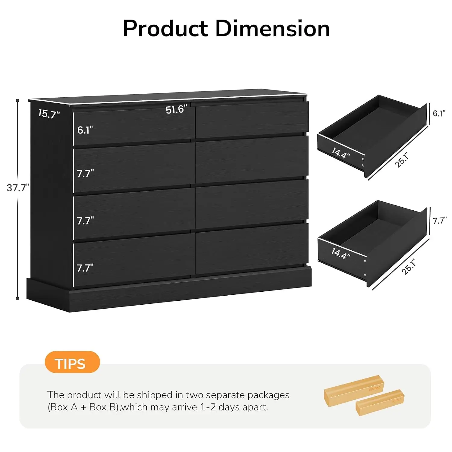 8 Drawers Dresser, Black Large Chest, Modern Double Storage Organizer, 51.6''L X 15.7''D X 37.7''H, Customized