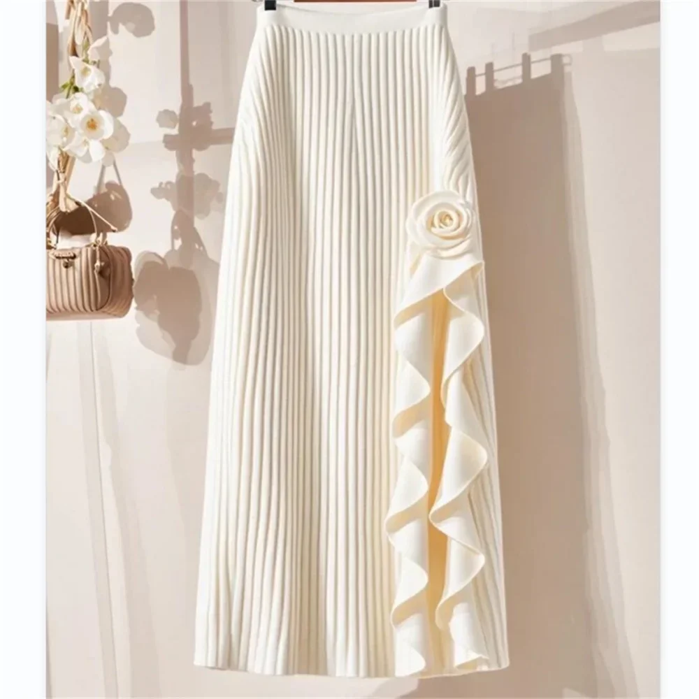 2025 Spring Summer New Design Apricot Long Skirt Elastic High Waist Pleated Skirt Sweet Early Autumn Women's Black Skirt Fashion