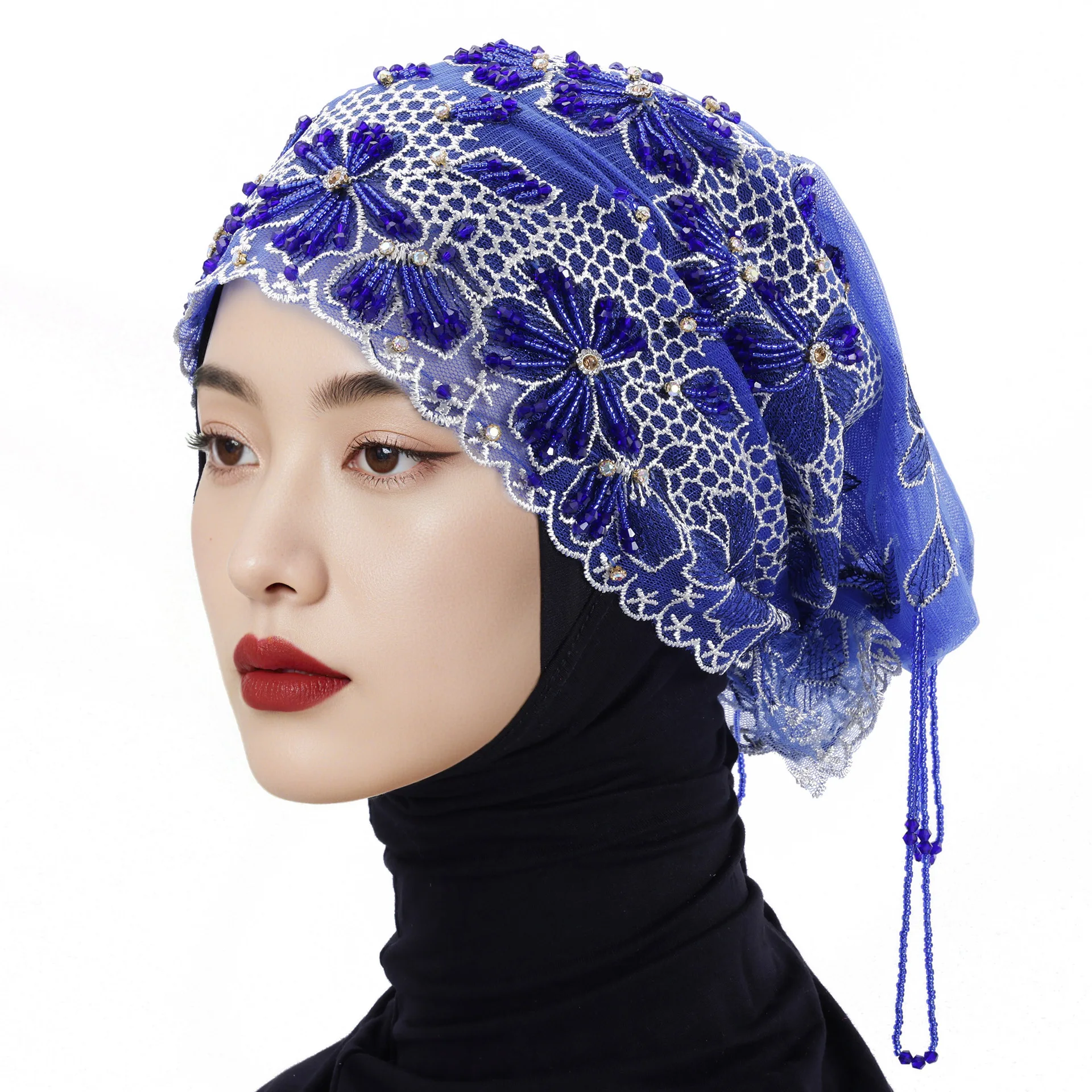 

Africa Women Prayer Hats Multiduty Soft Islam Scarf Autumn Head Cover Diamond Tassel Elegant Beading Hijab Hat Blue Pink Caps