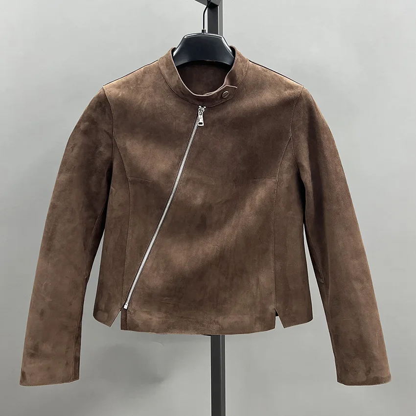 JANEFUR Women's Spring Chic Brown Short Genuine Leather Jacket Autumn Real Leather Sheepskin Overcoat JFB6-25003