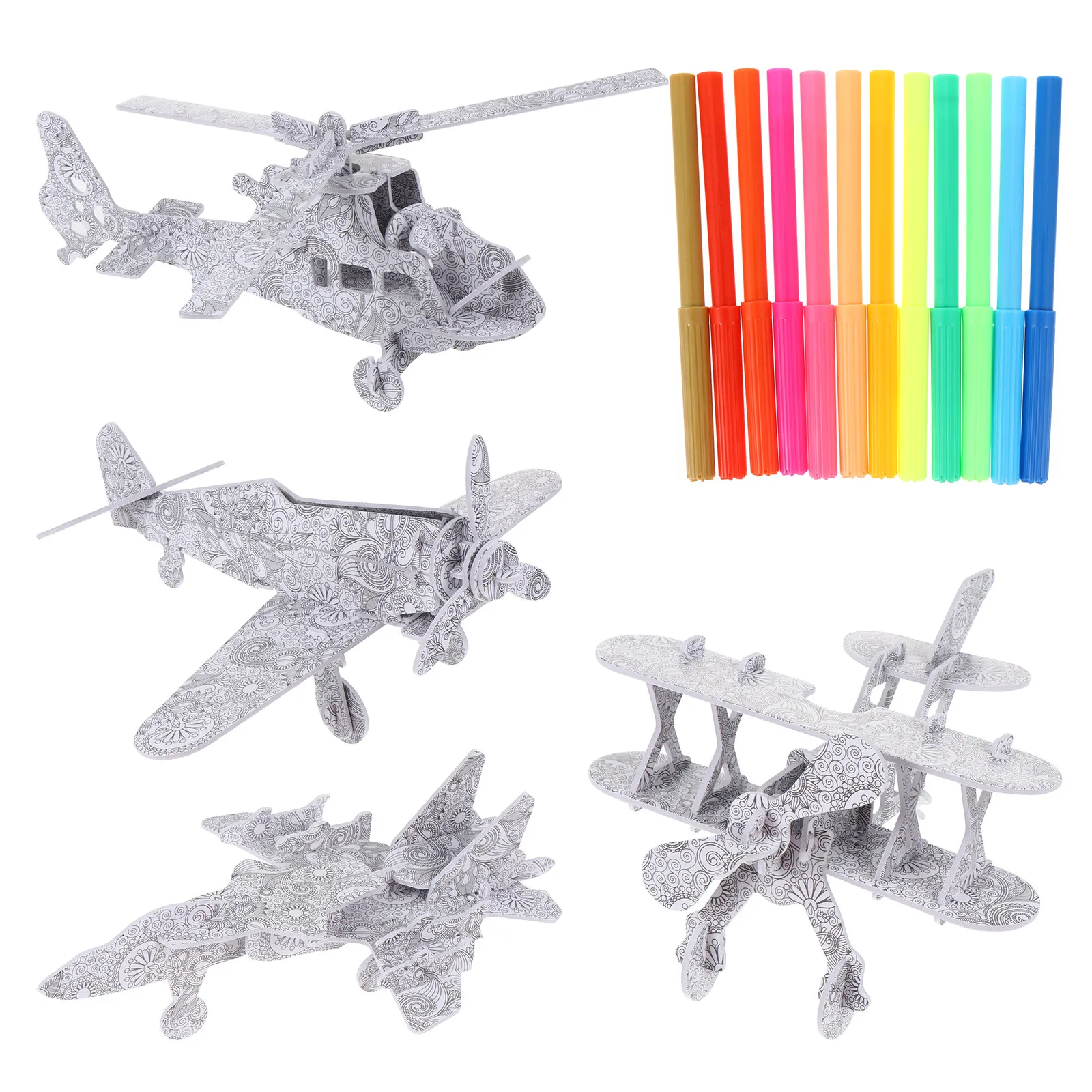 

4pcs 3D Puzzle Airplane Kids Puzzles With 12 Pen Markers Educational Painting Graffiti Art Craft Diy Set For Children