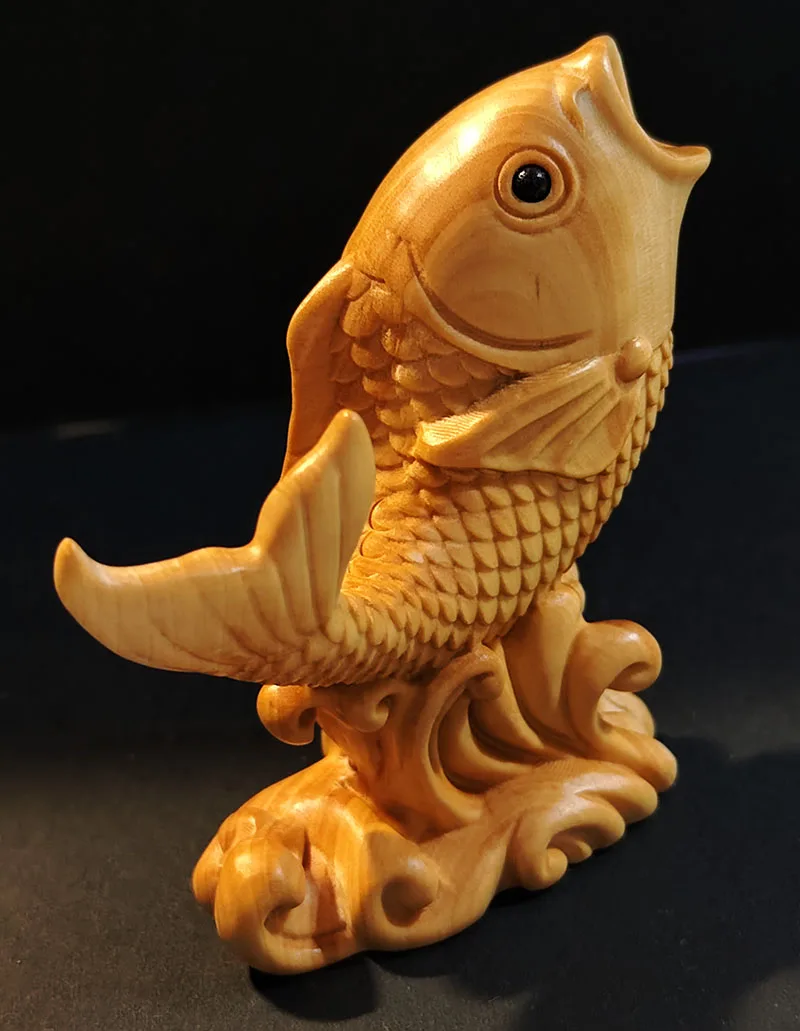 Q4686 - 6.7X 6.2 x 6.2 cm Hand Carved Boxwood Netsuke Figurine : Lovely Fish