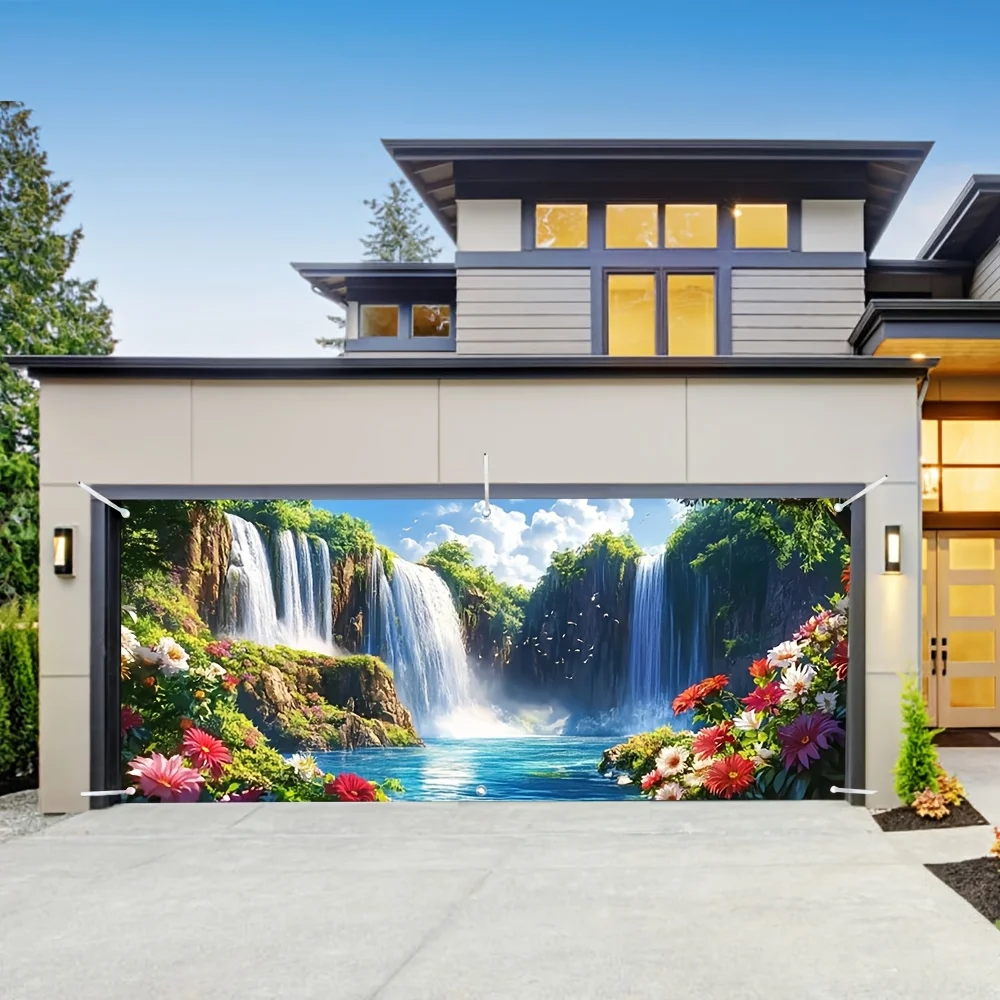 Bannière de porte de garage élégante cascade et florale – Grande décoration extérieure en polyester sans alimentation pour toutes les saisons et les célébrations