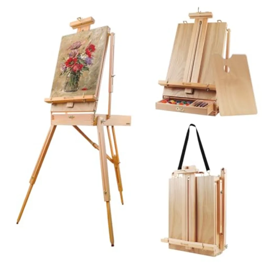 

Большой деревянный французский мольберт и мольберт-ящик для рисования, регулируемая подставка-тренога с выдвижным ящиком и палитрой для художников, любителей и профессионалов.