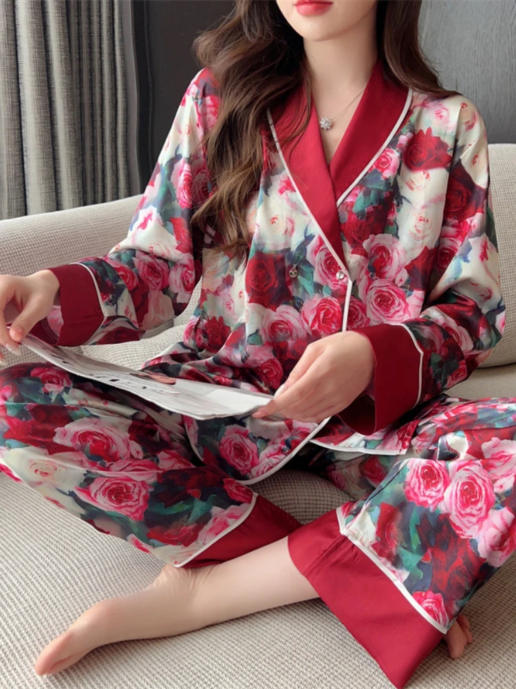 Vintage Red Rose Ice Silk Pajamas Women Spring Autumn New Double Top Shirt+Trousers Large Size Loose Outer Wear home clothes Set