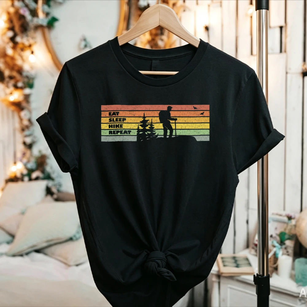 Autumn Women Eat Sleep Hike Repeat Retro Striped Cotton T Shirt Hiker Silhouette Outdoor Casual Short Sleeve Tee Adventure Tops