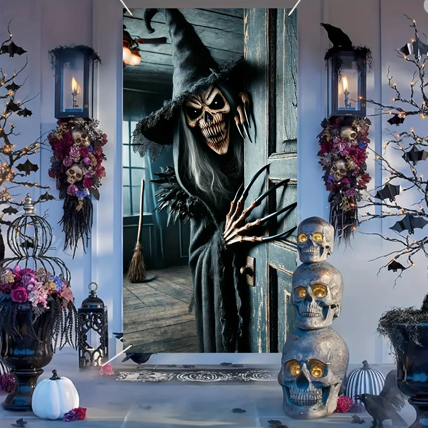 1pc Frightening Witch Door Banner Frame Ornament Holiday Door Drapery Halloween Birthday Celebrations And Festive Decor