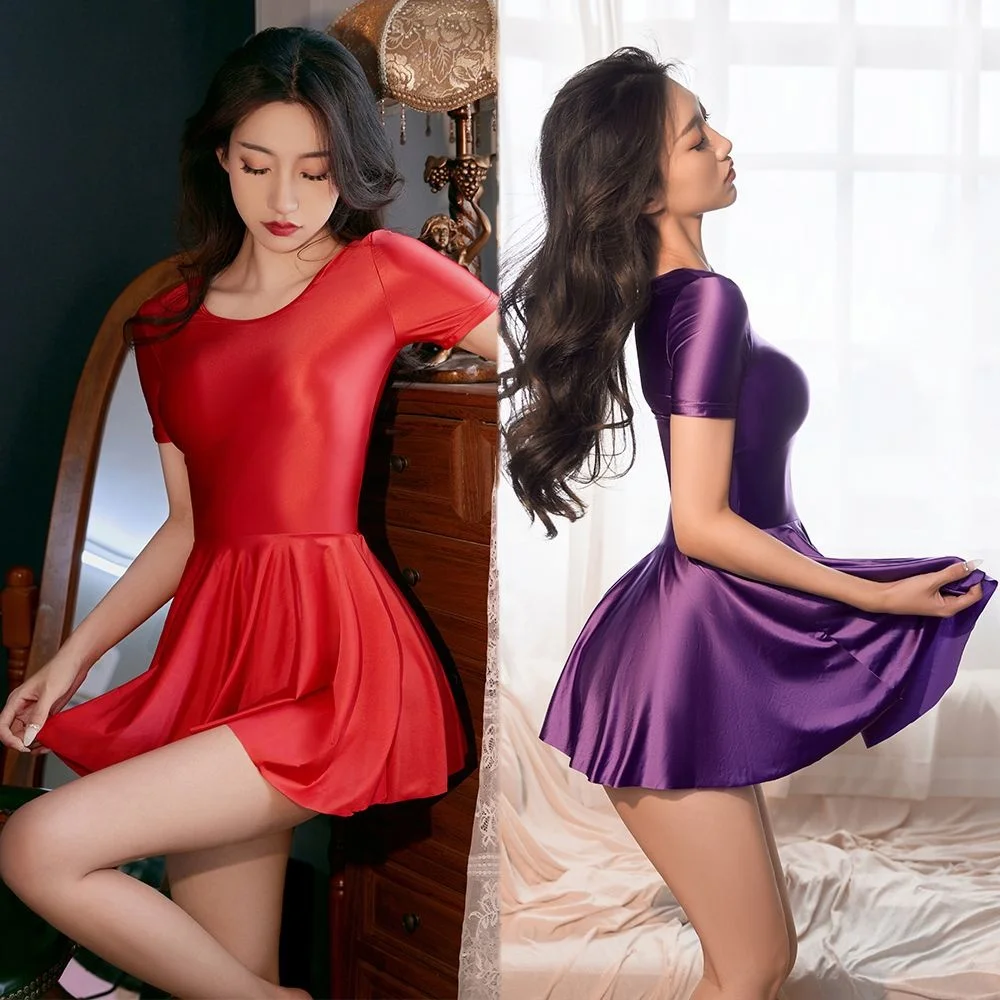 Sexy Glossy Satin Women Pleated Mini Dress Bodycon Short Sleeve High Waist Sleeping Silk Pajamas