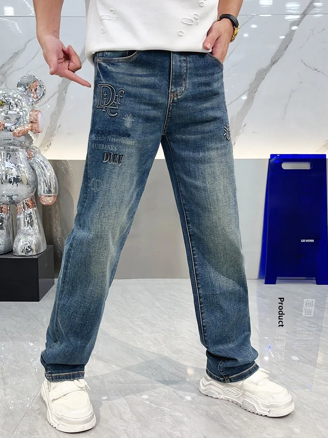 

Trendy Straight Leg Men's Jeans Casual Letter Print Simple Loose Comfortable Long Pants Autumn Winter Faion Breathable Soft